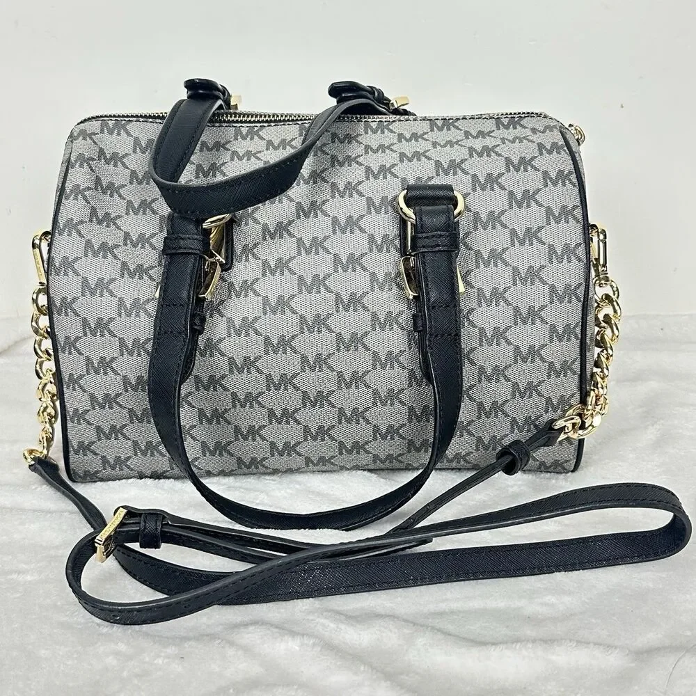 Michael Kors Grayson Large Satchel MK Signature Gray Black with Gold Hardware